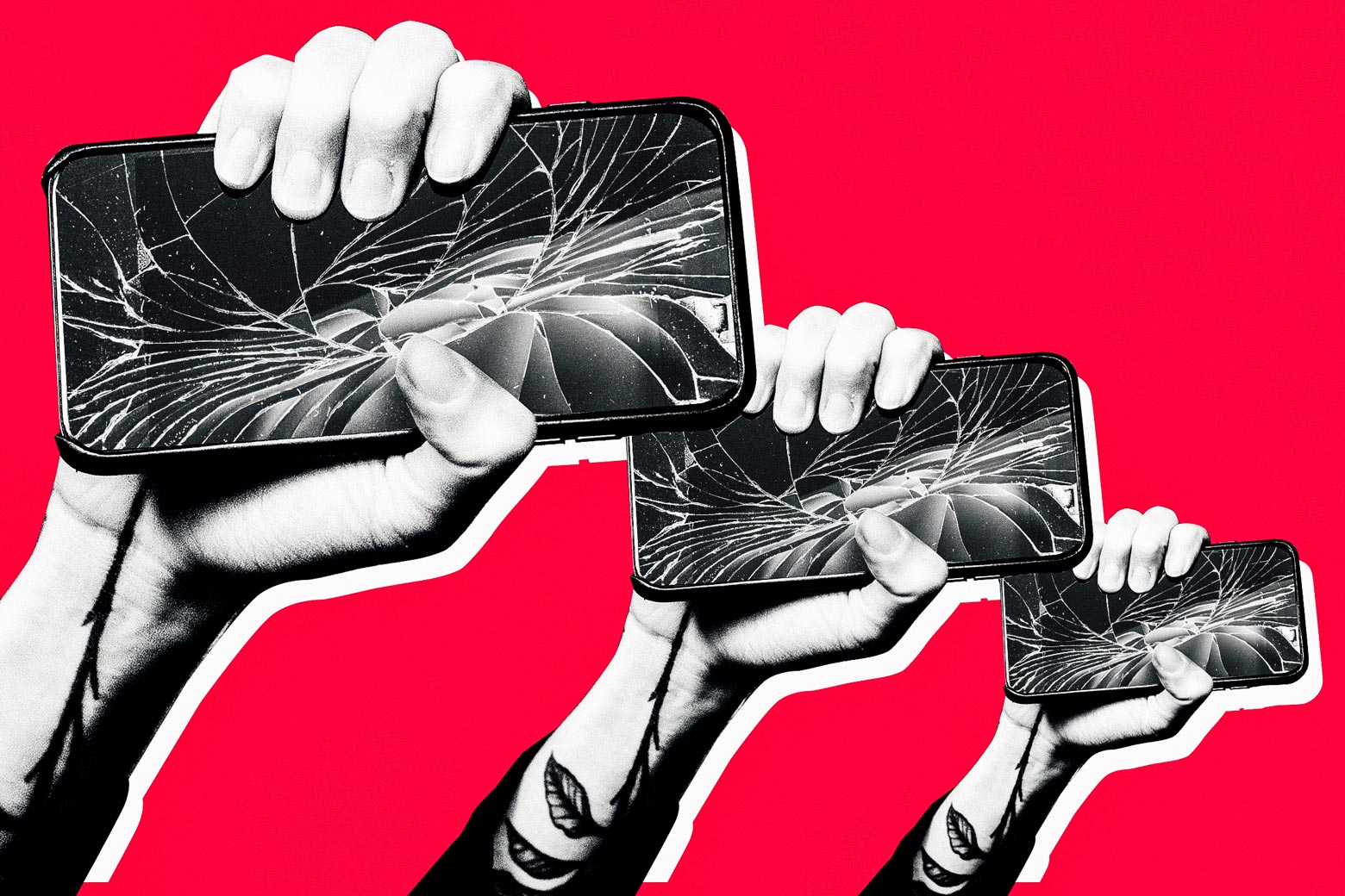 Revolutionary hands holding broken iPhones.
