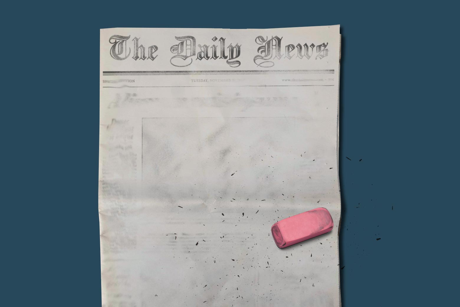 A front page of a newspaper that has been erased with a large pink erasure.