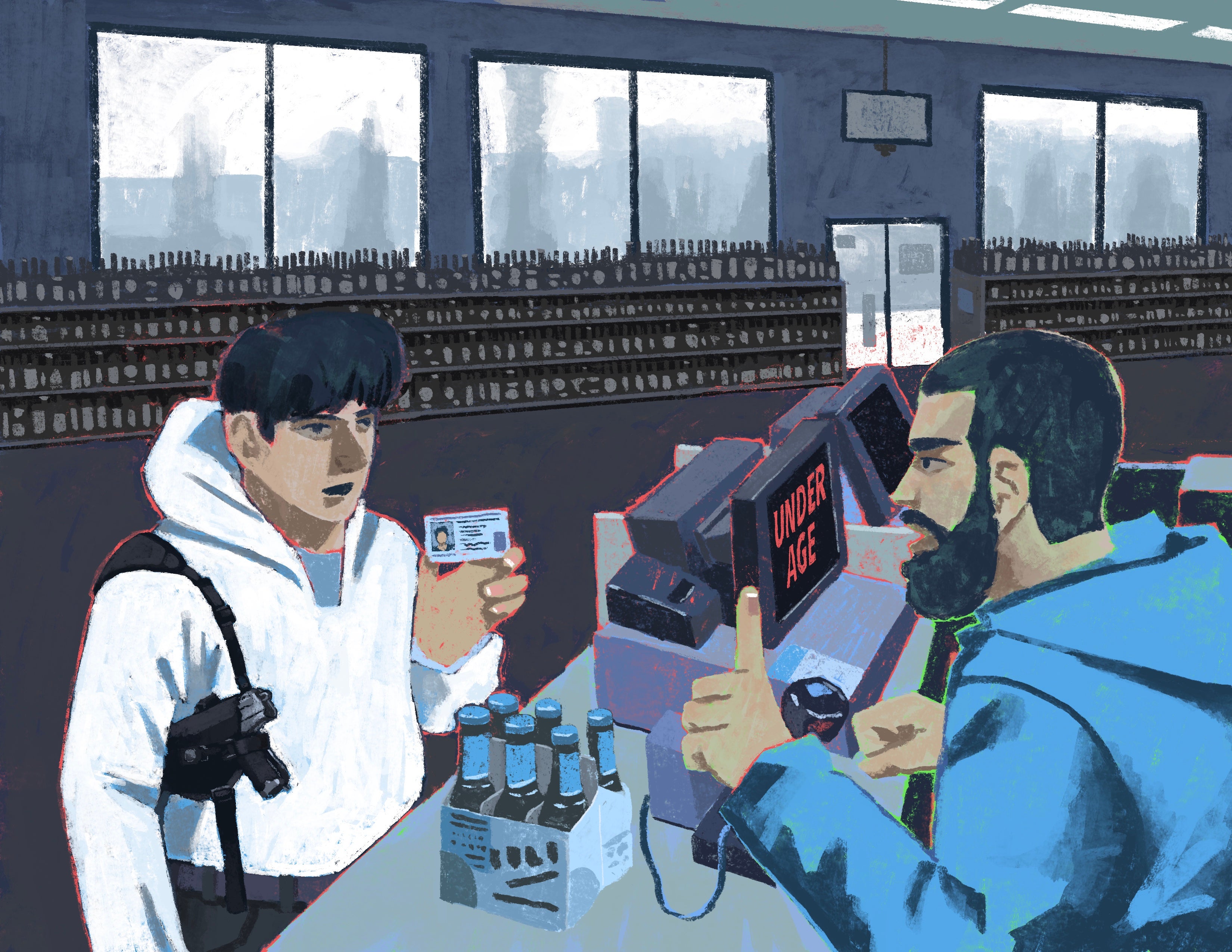 A gun salesman flashes a finger at a young strapped purchaser even as his screen reads