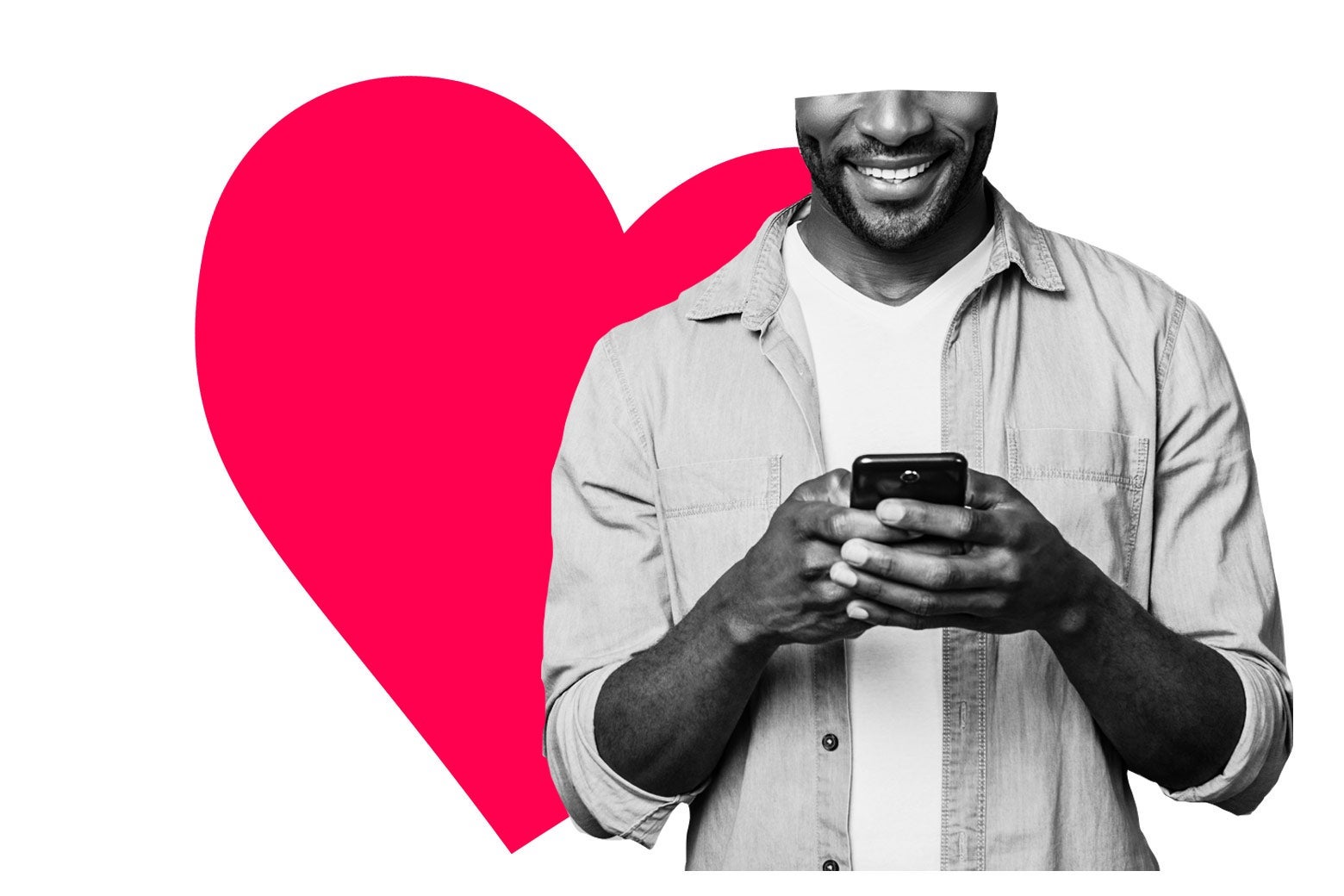 Smiling man typing on his phone, with a graphic of a heart behind him.
