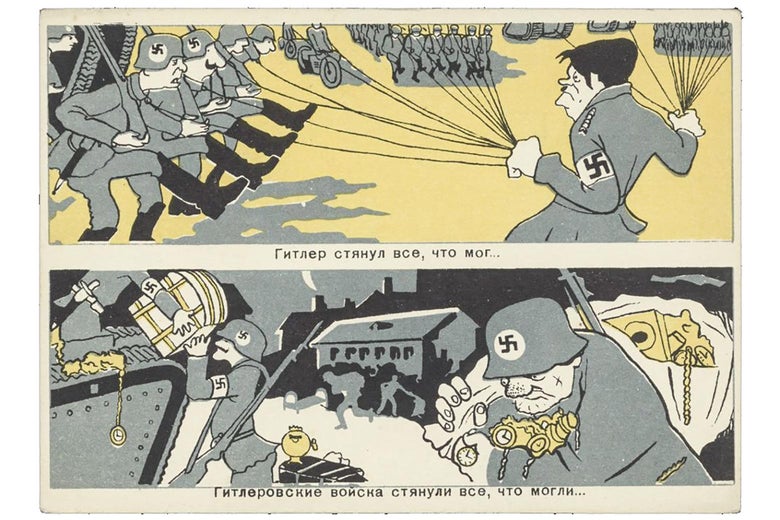A cartoon showing Hitler pulling his army members on strings, and Nazis hoarding gold objects
