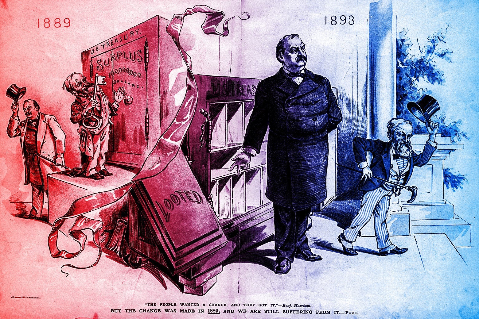 A political cartoon displays the Treasury actions of Benjamin Harrison in 1889 and 1893.