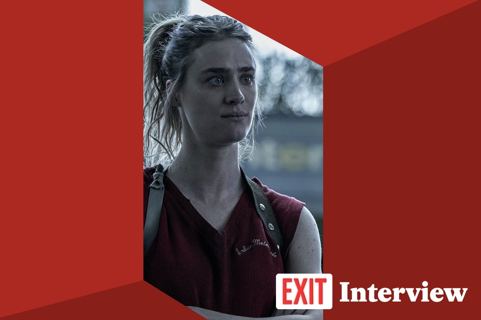 She stands tall with her blonde hair tied back and a bag over her shoulders. In front her, the logo "Exit Interview."
