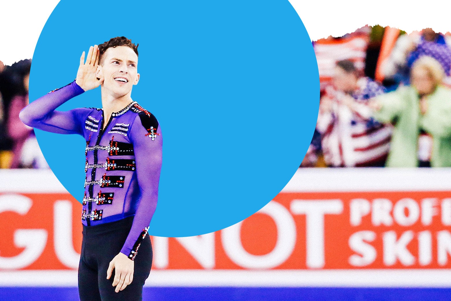 Adam Rippon skating in a purple long-sleeve mesh top.