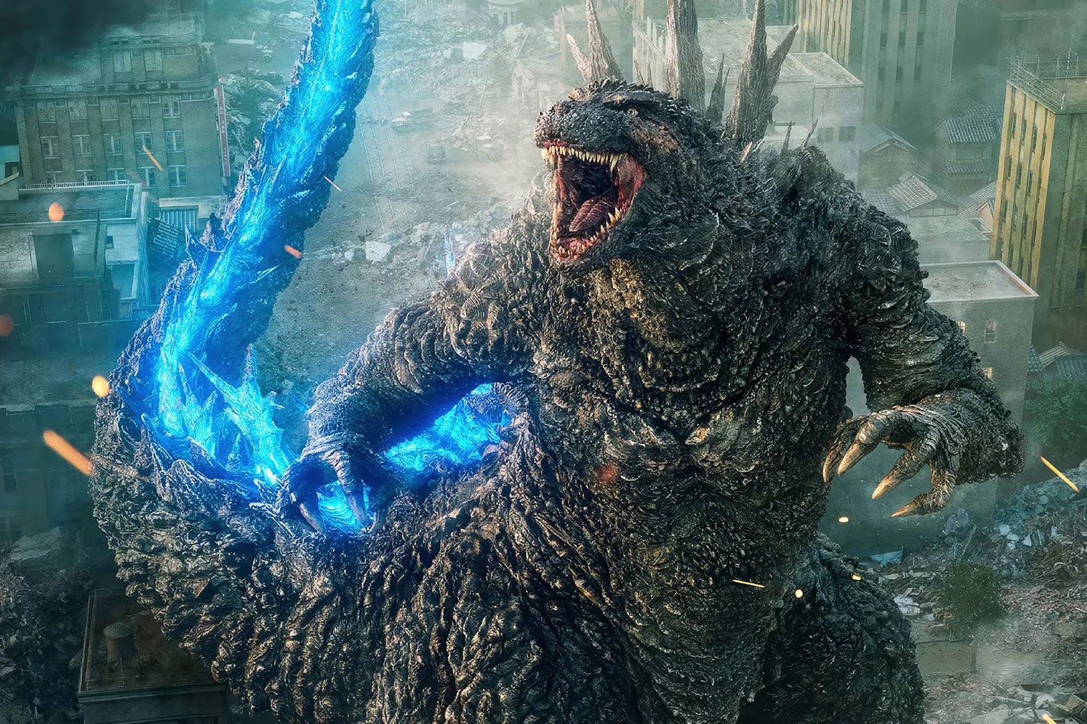 A still image of the titular monster attacking a city in Godzilla Minus One.