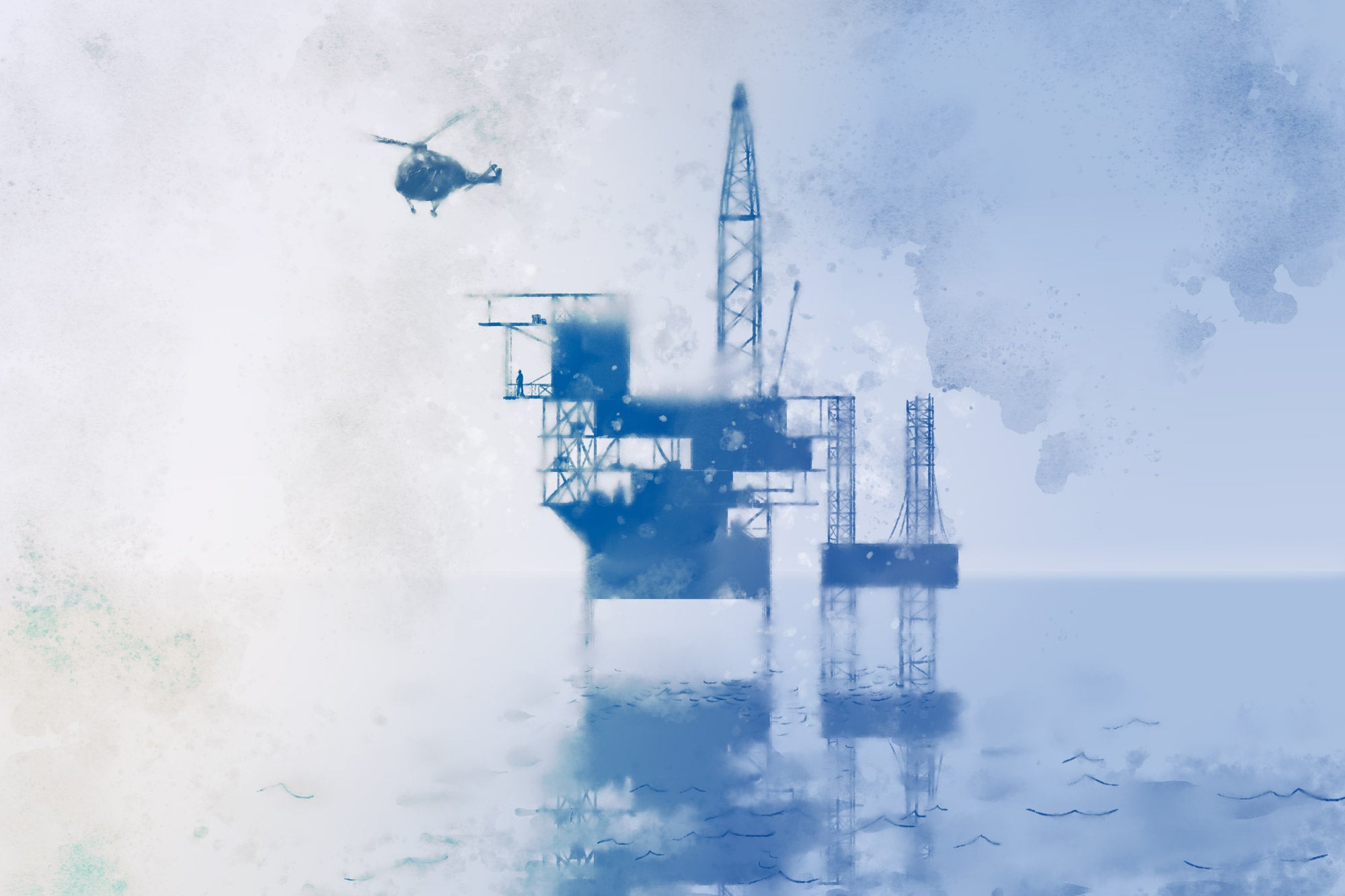 An illustration of a helicopter leaving an oil rig in a storm, seen through clouds and all in tones of blue. 