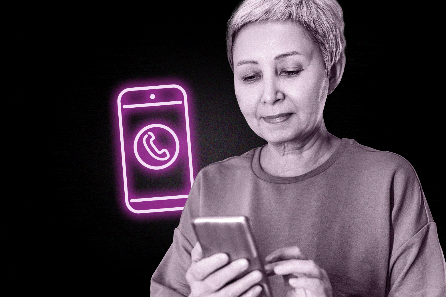 Older woman looking at a phone.