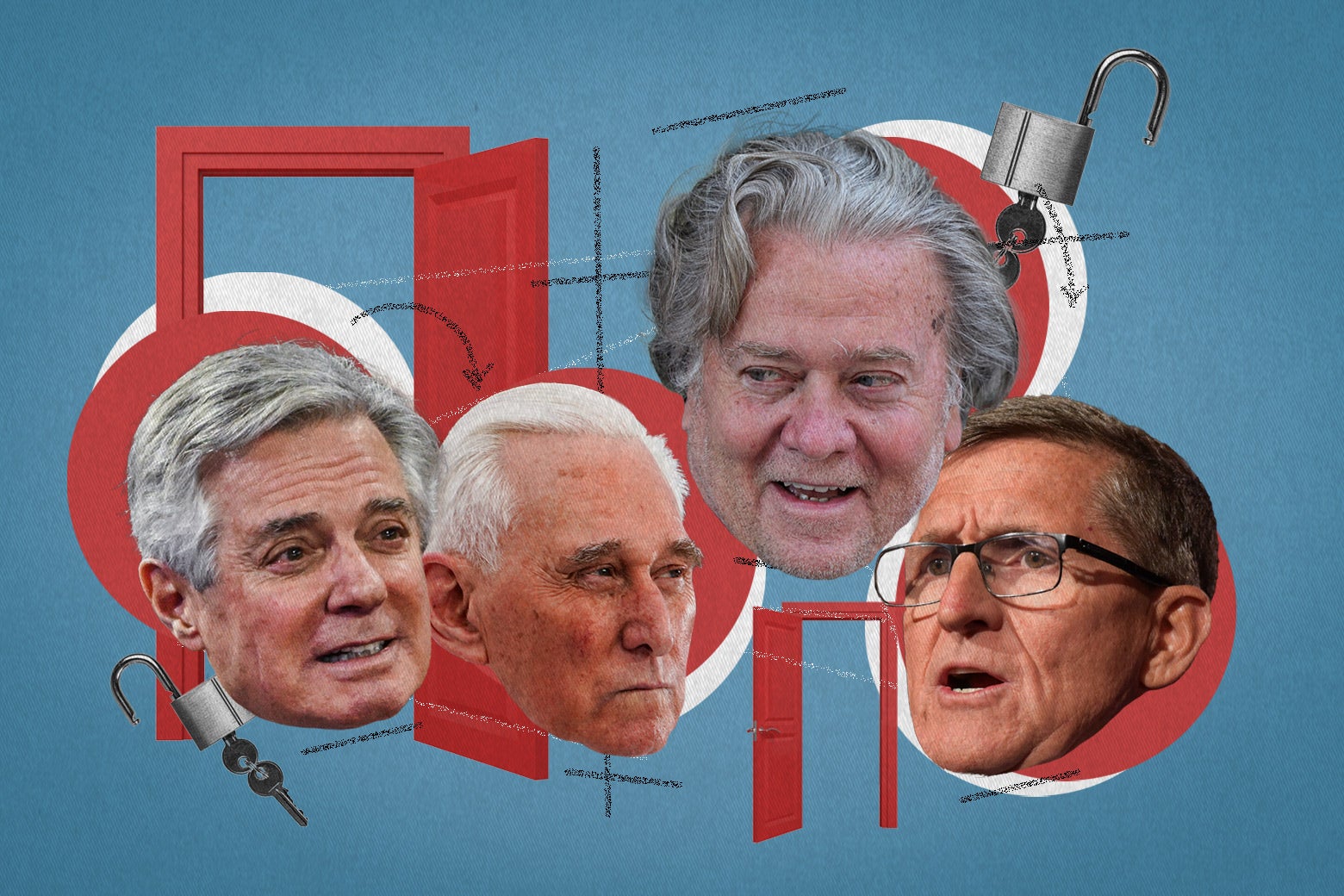 An illustration of four of Trump's high-profile pardons, older white men, over a background of handcuffs and open doors.