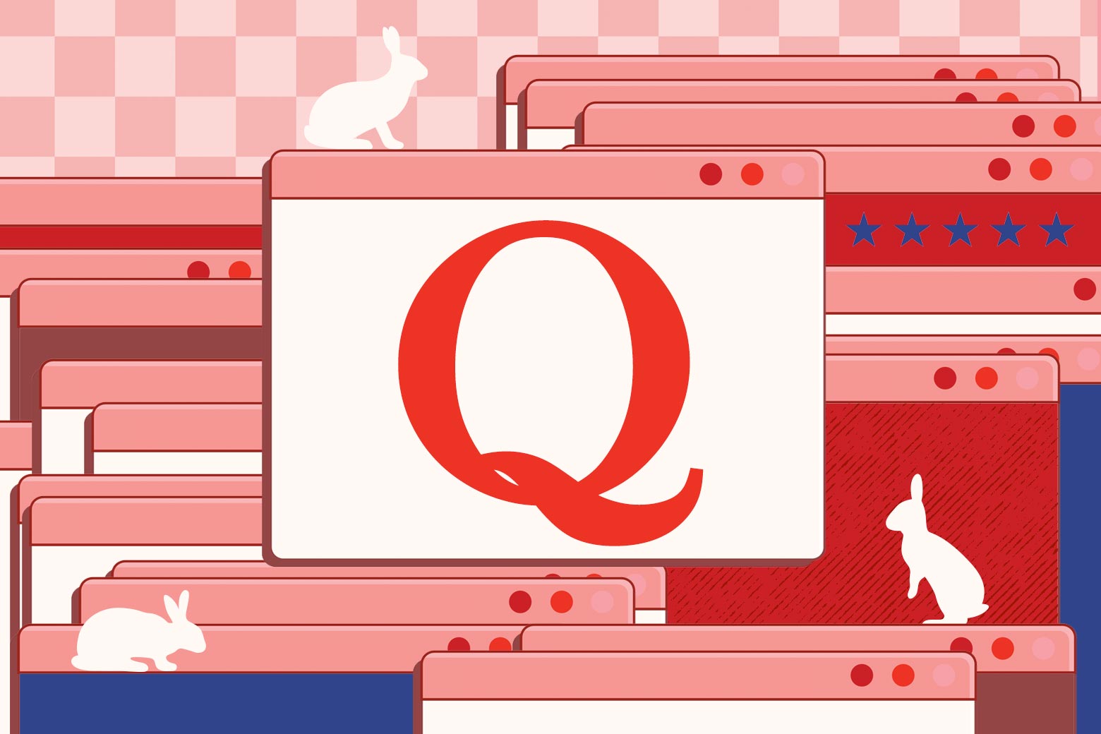 Illustration of a QAnon "Q" in the middle of a browser window, surrounded by a lot of other browser windows, some with silhouettes of rabbits on them and a chess/checkerboard at the top in the background.