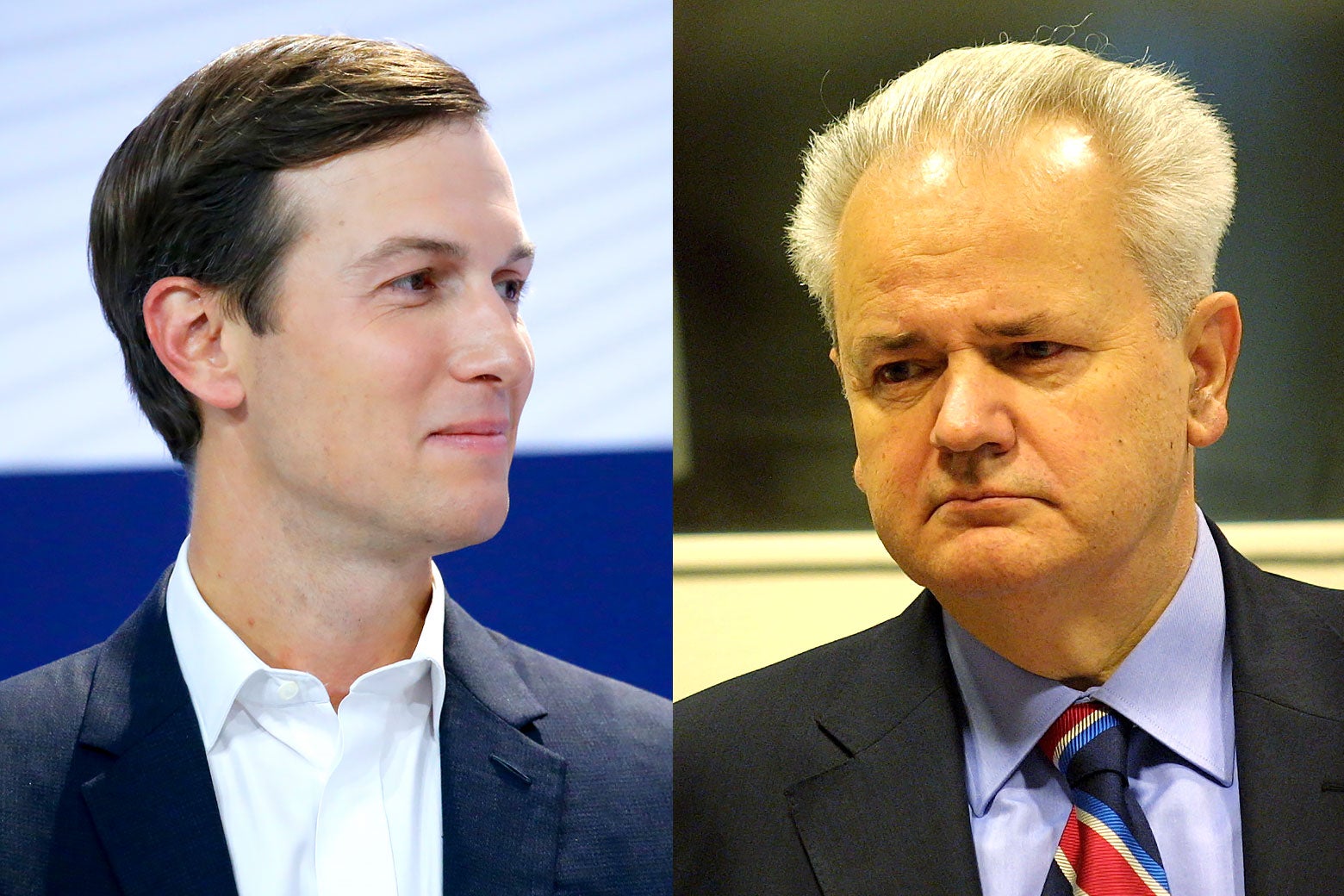 Left, Kushner looks to his left and smiling. Right, Milosevic frowns.