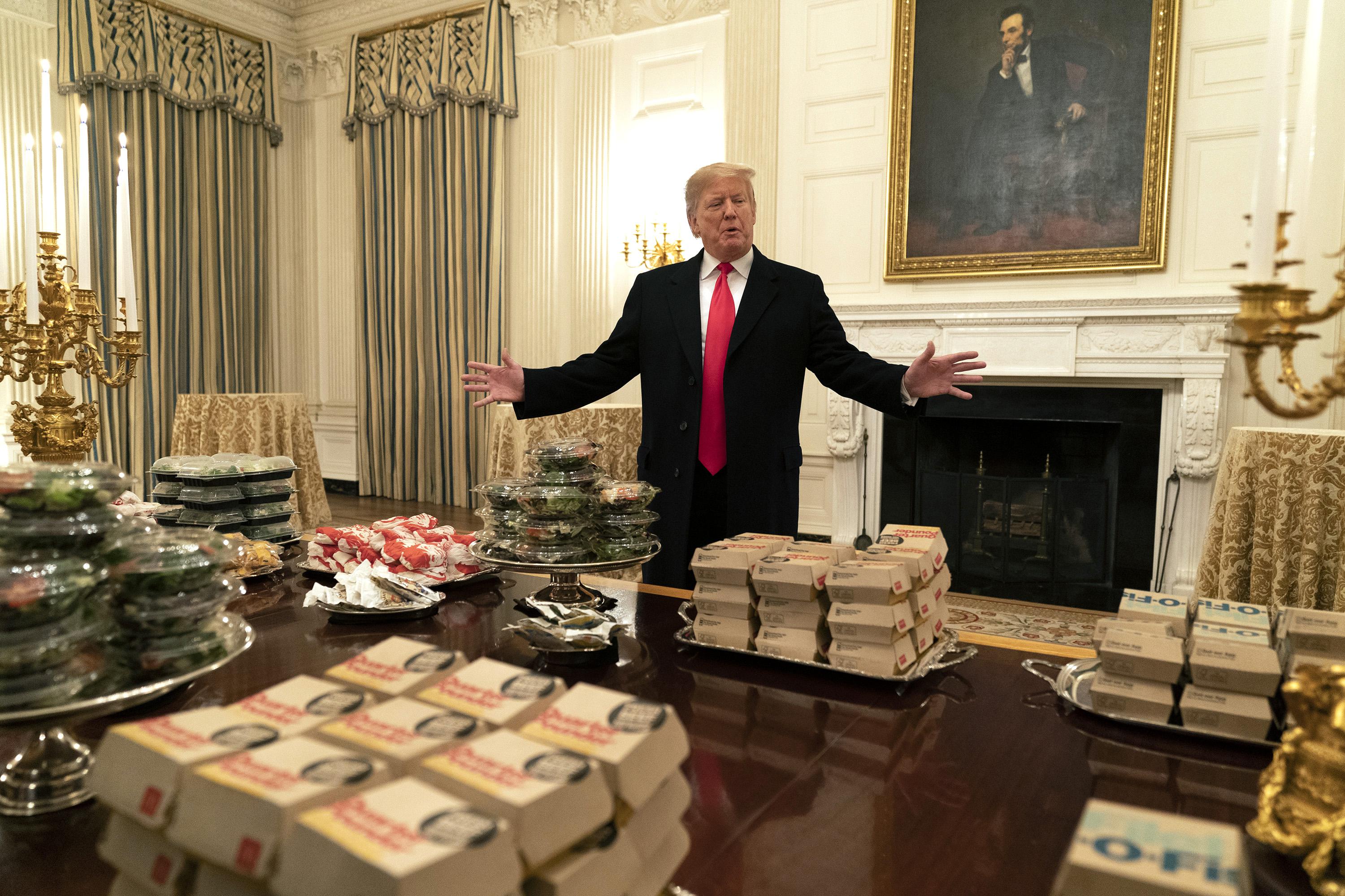 President Trump in front of the fast food to be served to the Clemson Tigers football team to celebrate their Championship at the White House on January 14, 2019 in Washington, DC.