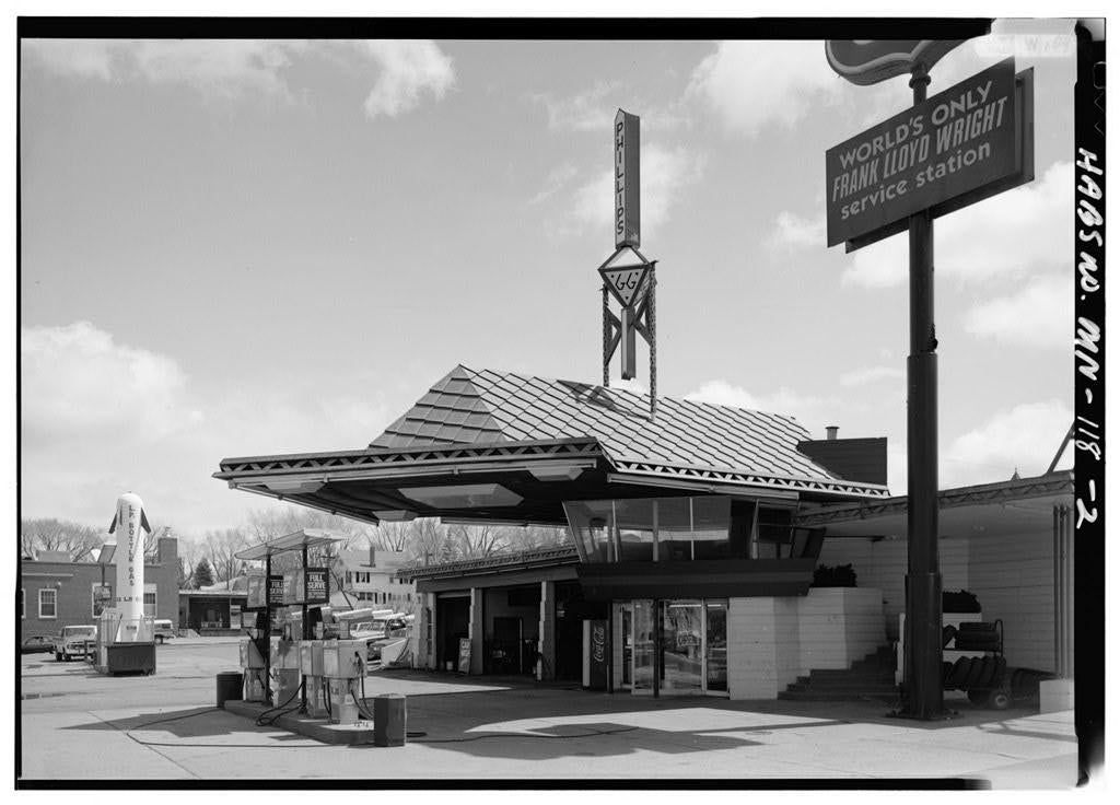 In 1927, Frank Lloyd Wright designed a gas station. It was finally built in  1958 and is still operational today.