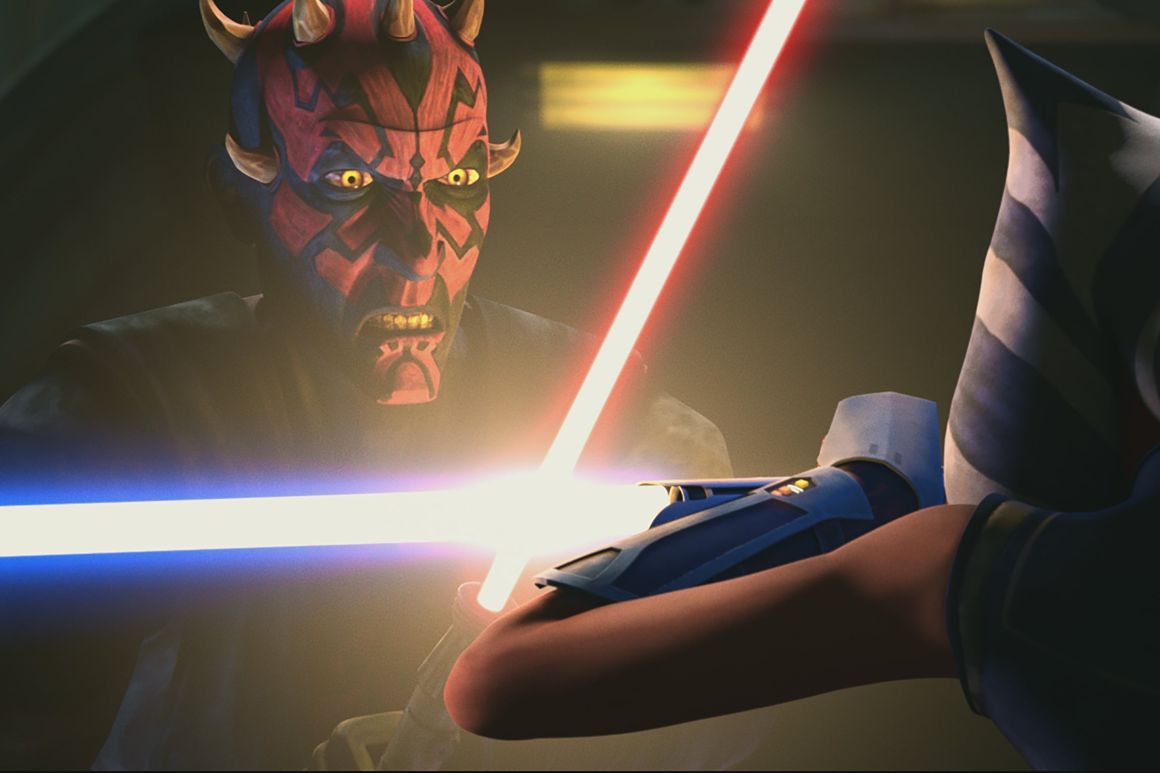 In a 3D-animated style, Darth Maul, with a red and black face and horns, crosses lightsabers with Ahsoka Tano, seen from the back.