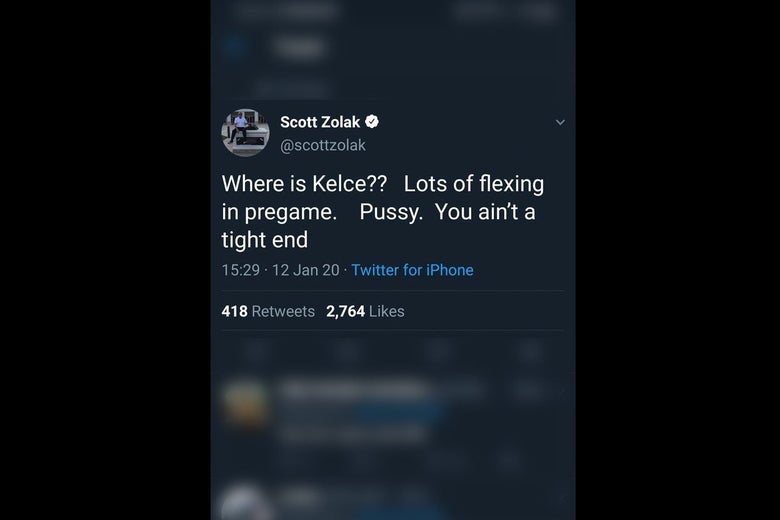 The tweet says "Where is Kelce? Lots of flexing in pregame. Pussy. You ain't a tight end"