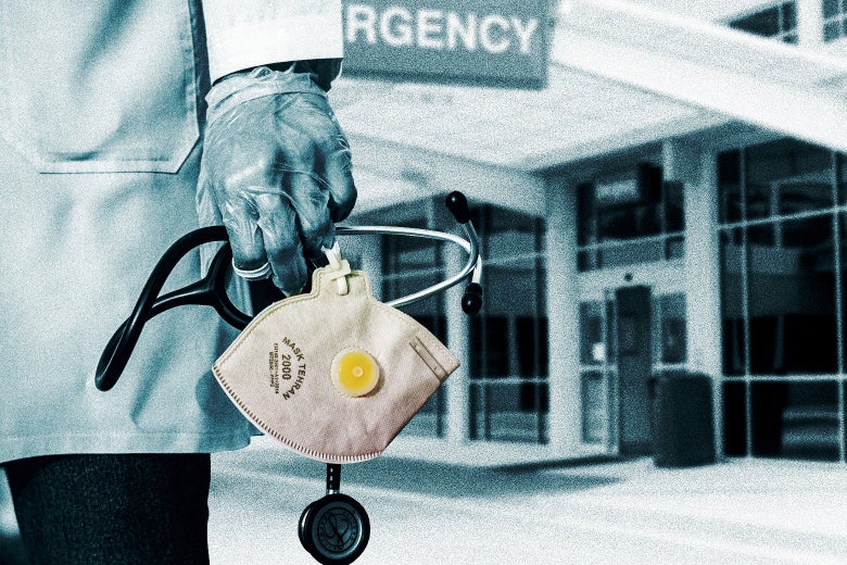 A doctor carries a mask and a stethoscope outside a hospital.