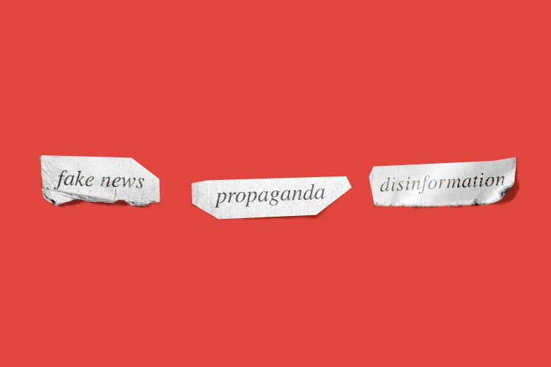 Three paper tears with the words "propaganda," "fake news," and "disinformation" typed on them.