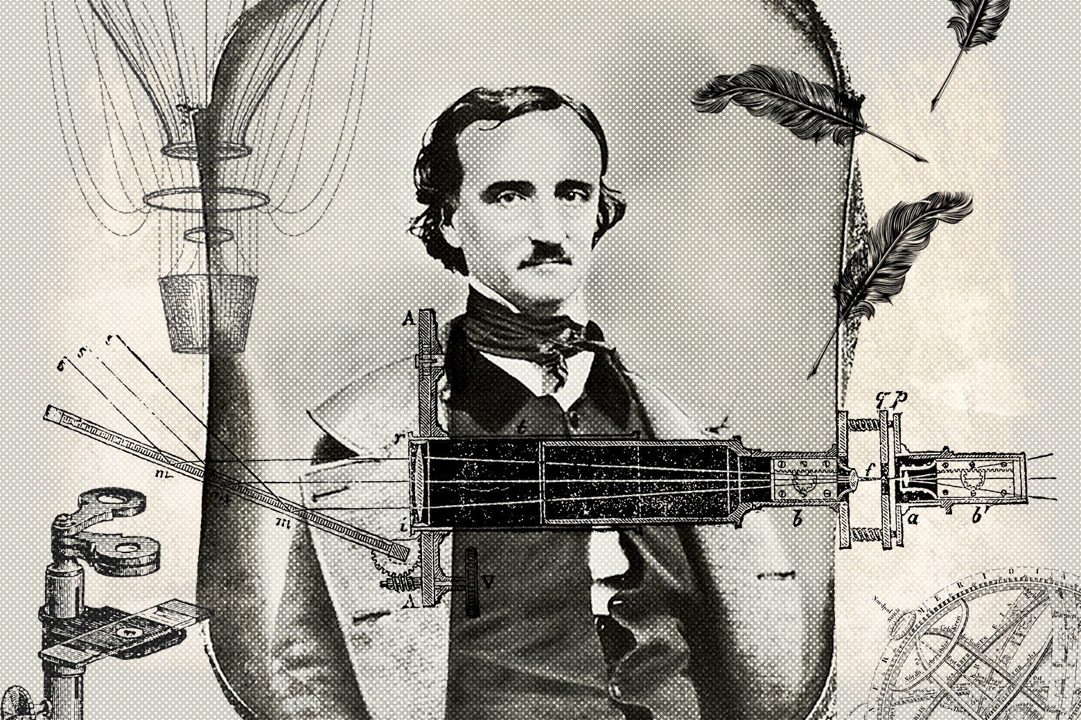 Collage of Edgar Allan Poe surrounded by drawings of old-timey inventions including a hot-air balloon
