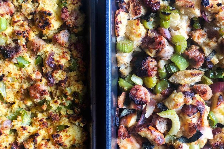 Two pans of stuffing side by side.