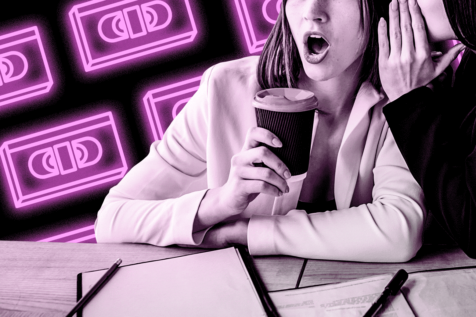 GIF of a woman expressing surprise while lifting a covered cup to her mouth as someone whispers in her ear. Animated neon VHS tapes glow in the background.