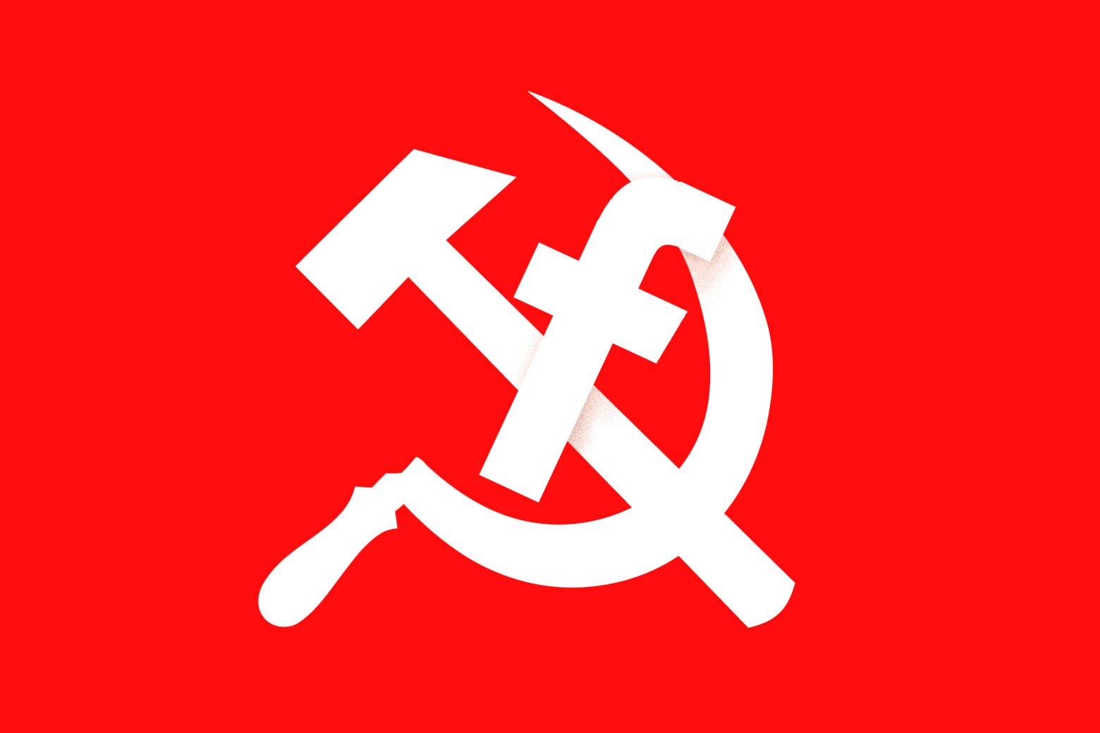 Hammer and sickle with Facebook 'F' symbol.