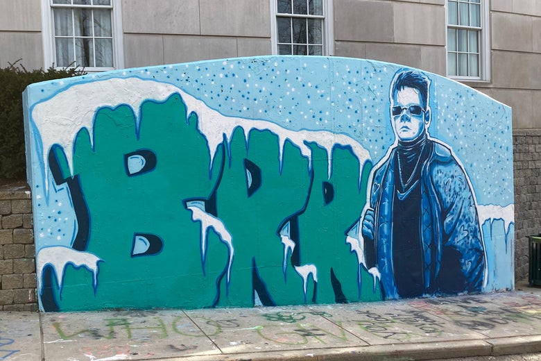 Mural of Joe Burrow in sunglasses, with the word "Brrrr." 
