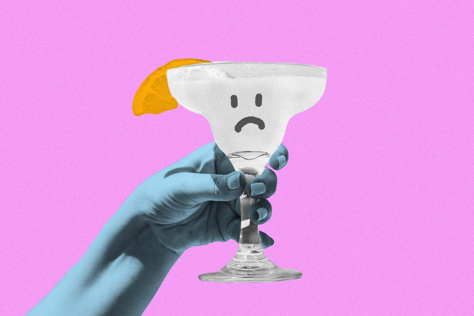 An unhappy non-alcoholic cocktail is held up by a hand. 