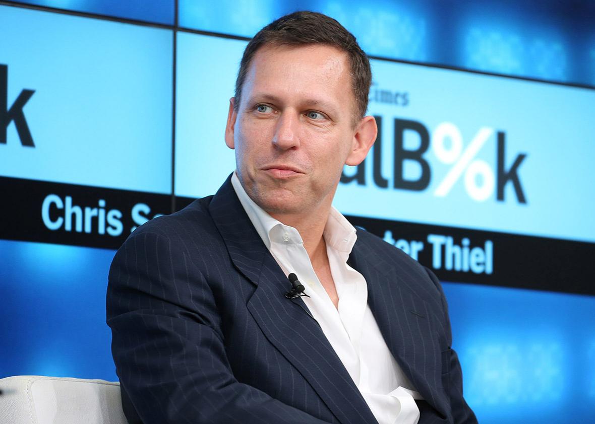 Partner at Founders Fund Peter Thiel participates in a panel discussion at the New York Times 2015 DealBook Conference at the Whitney Museum of American Art on November 3, 2015 in New York City. 