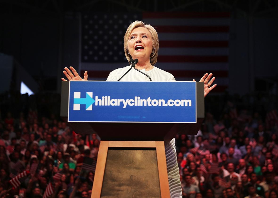 Democratic presidential candidate former Secretary of State Hillary Clinton speaks during a primary night event on June 7, 2016 in Brooklyn, New York. 
