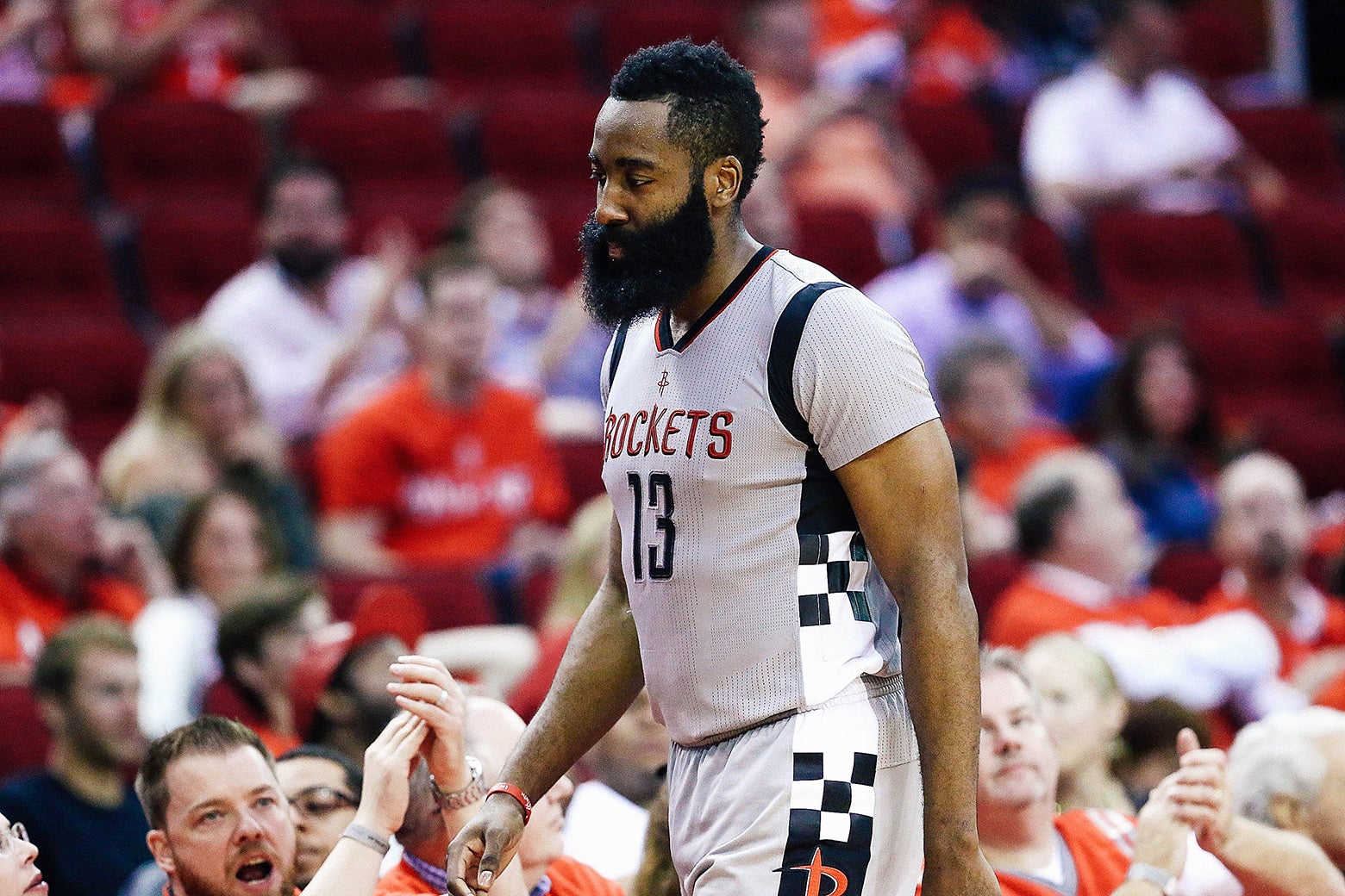 James Harden of the Houston Rockets reacts against the San Antonio Spurs during Game 6 of the NBA Western Conference semifinals at Toyota Center on May 11, 2017, in Houston.