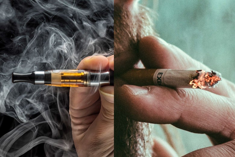 E-cigarette and lit cigarette.