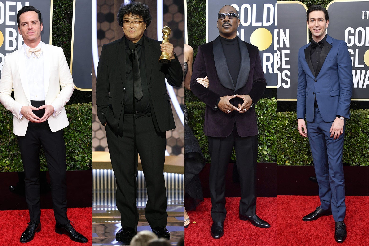 Andrew Scott, Bong Joon-ho, Eddie Murphy, and Nicholas Braun pose on the 2020 Golden Globes red carpet.