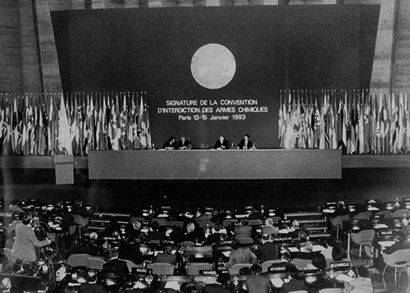 Boutros Boutros-Ghali, secretary-general of the United Nations, presides over the signing of the Chemical Weapons treaty at the UNESCO headquarters in Paris in 1993.