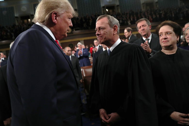 Elena Kagan stares at Donald Trump and John Roberts.