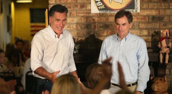 Mitt Romney and U.S. Senate Candidate Richard Mourdock (R) greet supporters at a campaign event at Stepto's Bar B Q Shack on Aug. 4, 2012, in Evansville, Ind.