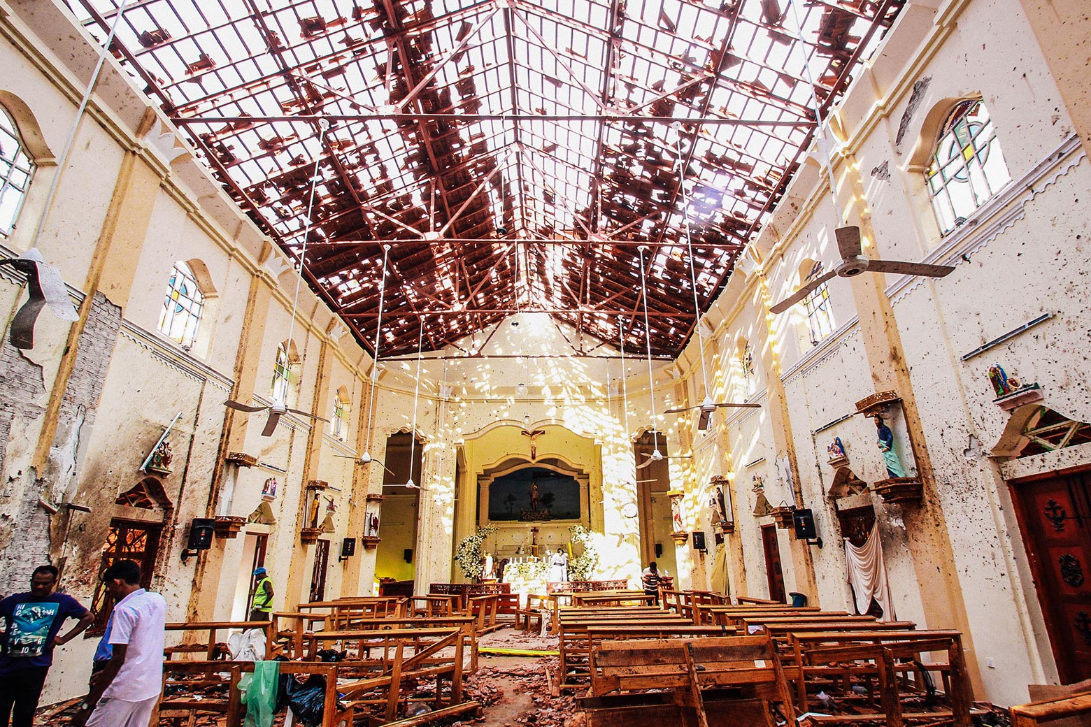 Sri Lankan officials inspect St. Sebastian’s Church in Sri Lanka.