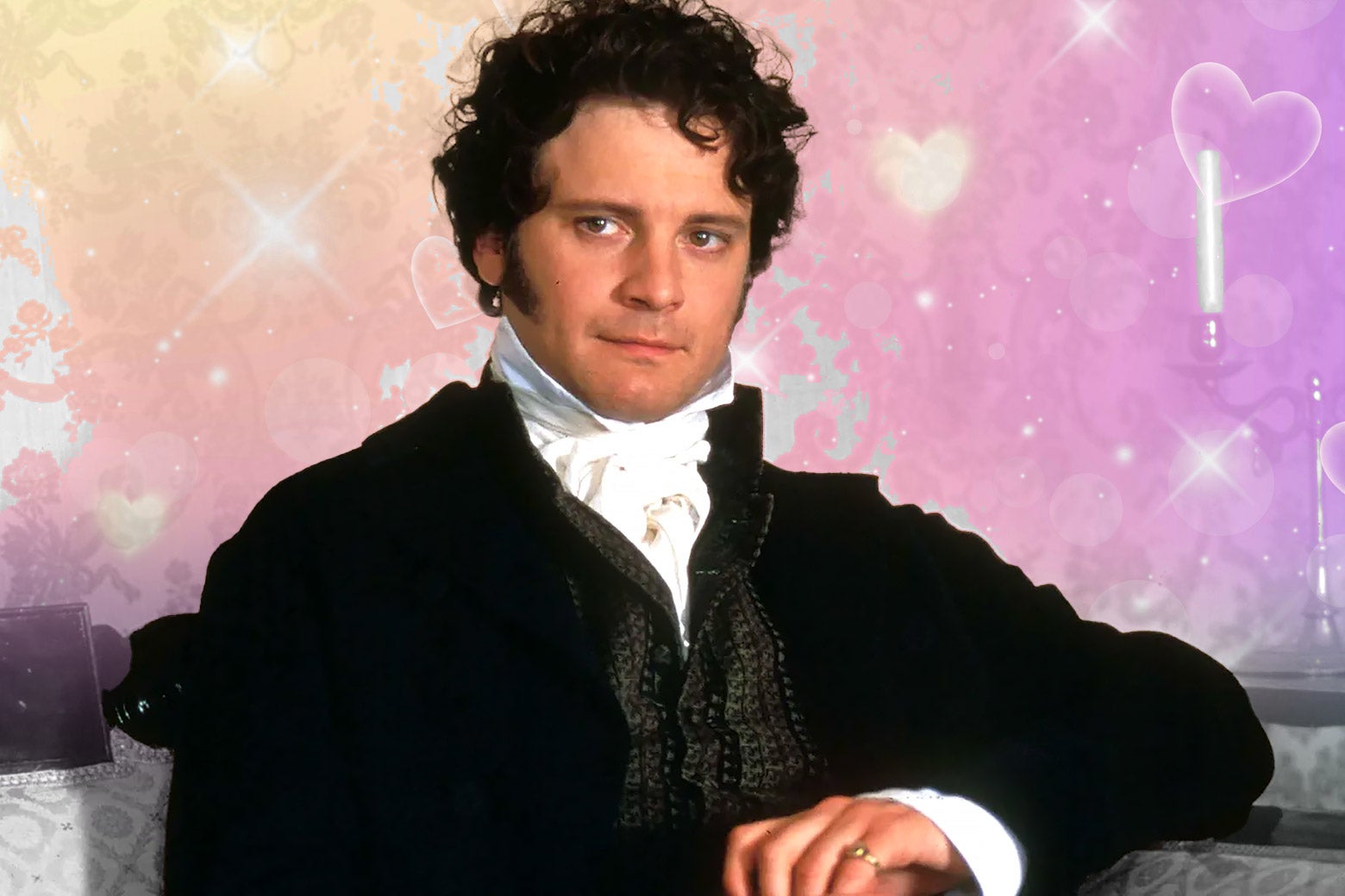 Colin Firth as Mr. Darcy: a Regency-era white man with dark curly hair smolders at the camera, in front of a purple-pink background of hearts and sparkles.