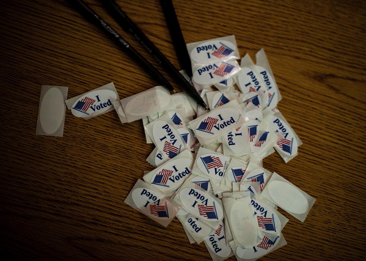 I Voted stickers are shown at the Harding Elementary School polling station November 6, 2012 in Youngstown, Ohio.