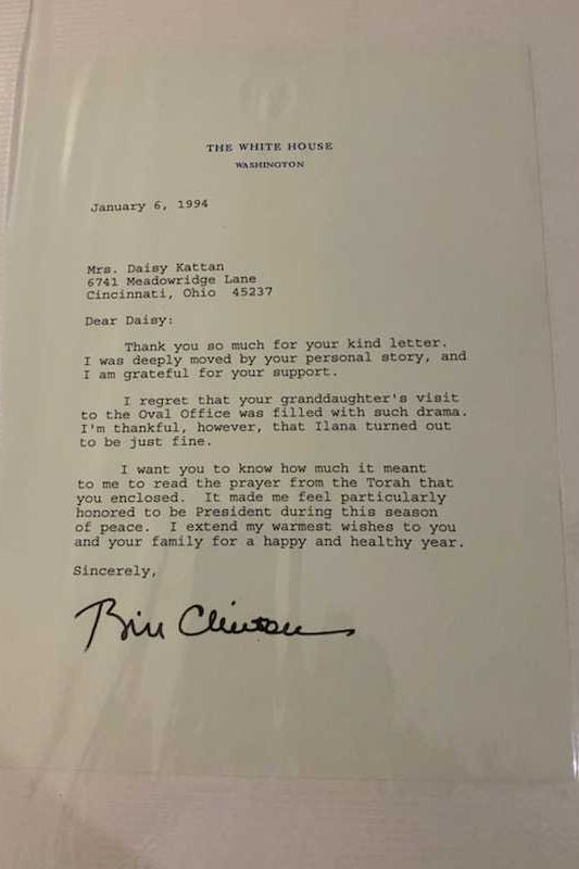 The letter 1994 Clinton sent back to Kattan's grandmother saved in an album: “I regret that your granddaughter’s visit to the Oval Office was filled with such drama. I’m thankful, however, that Ilana turned out to be just fine.”