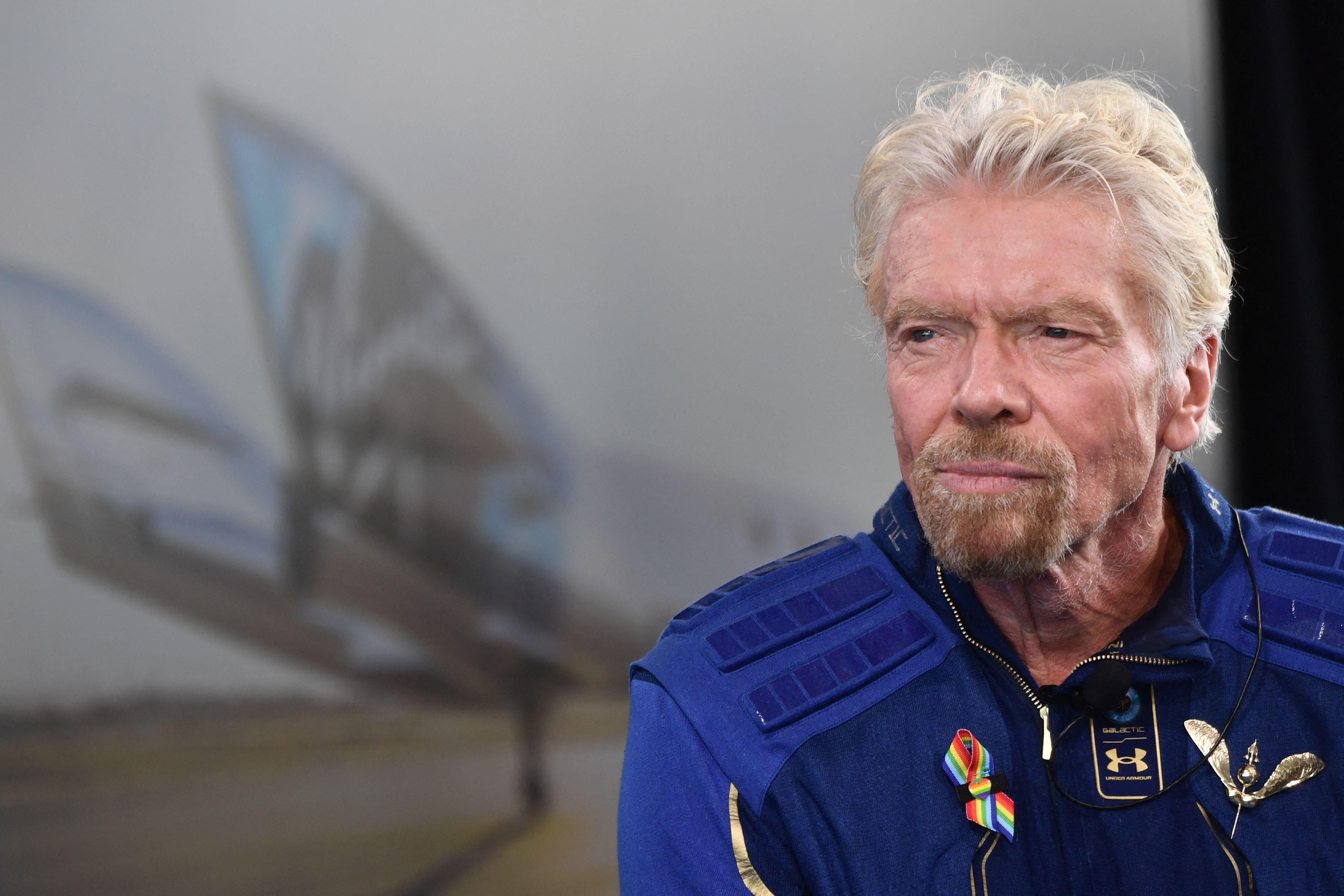 Sir Richard Branson speaks after he flew into space aboard a Virgin Galactic vessel near Truth and Consequences, New Mexico on July 11, 2021. 