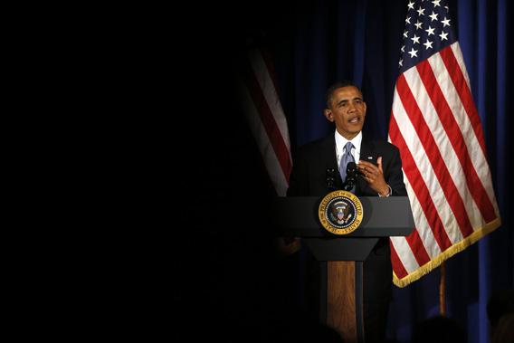 President Obama speaks at a Democratic Party fundraiser at the Waldorf Astoria hotel.