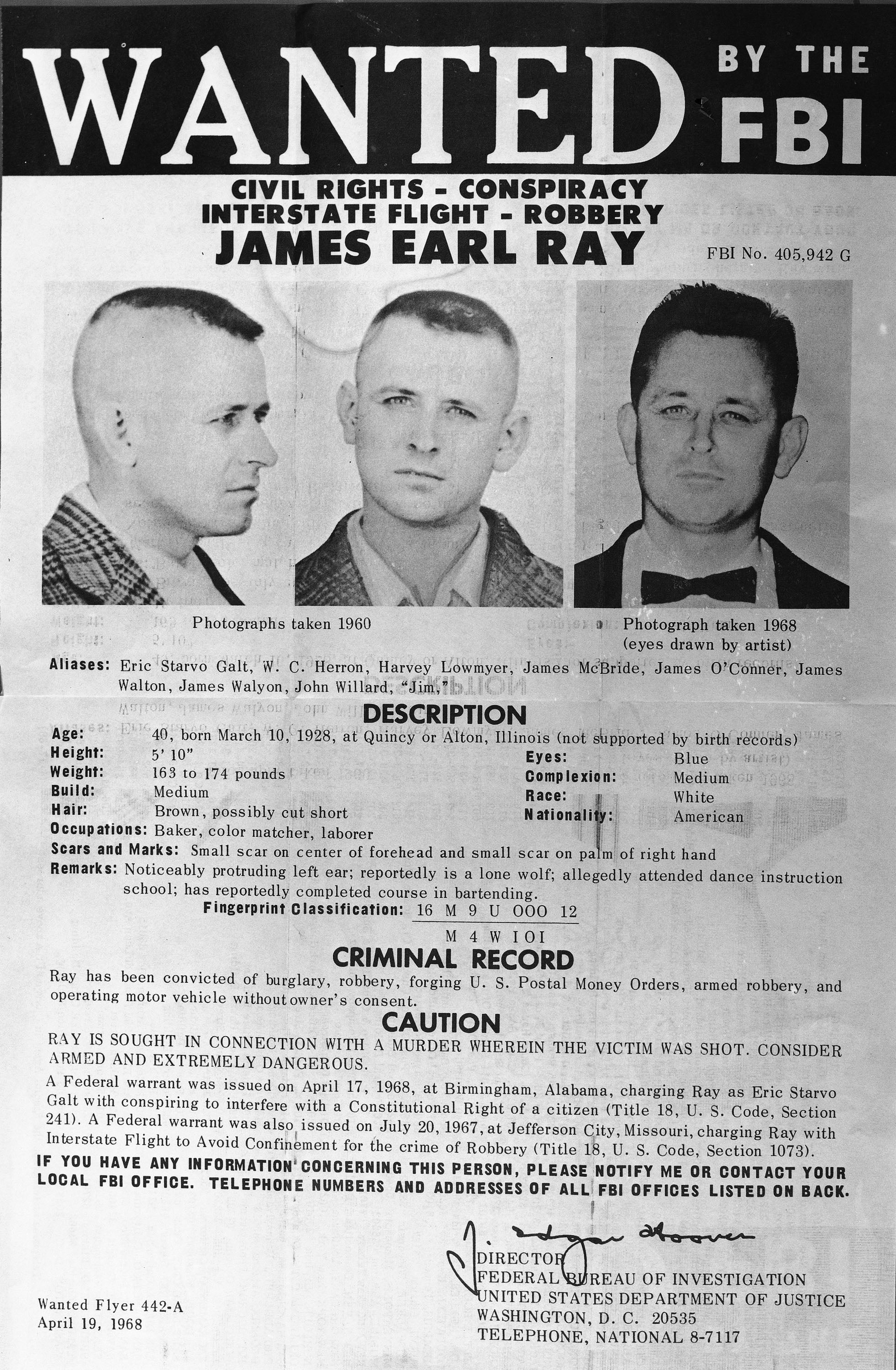 Wanted poster featuring multiple photos of a young white man and details of his criminal record.