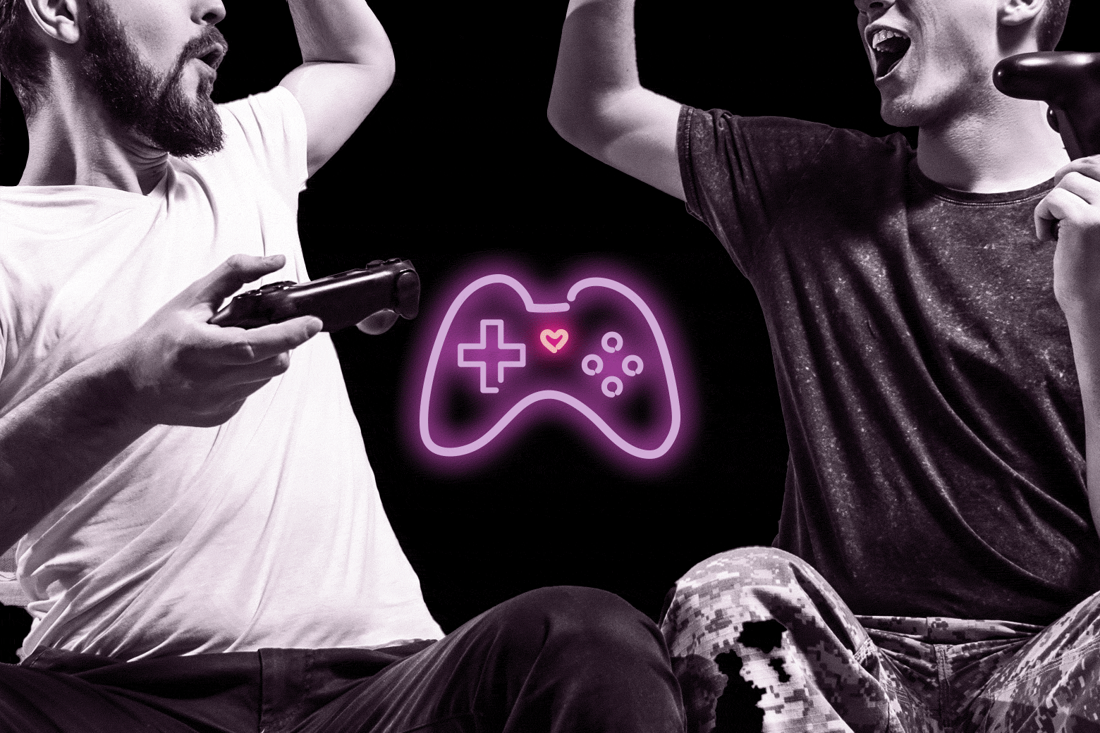 Two bros high-five each other; an illustrated video game controller floats in-between them with a heart button.
