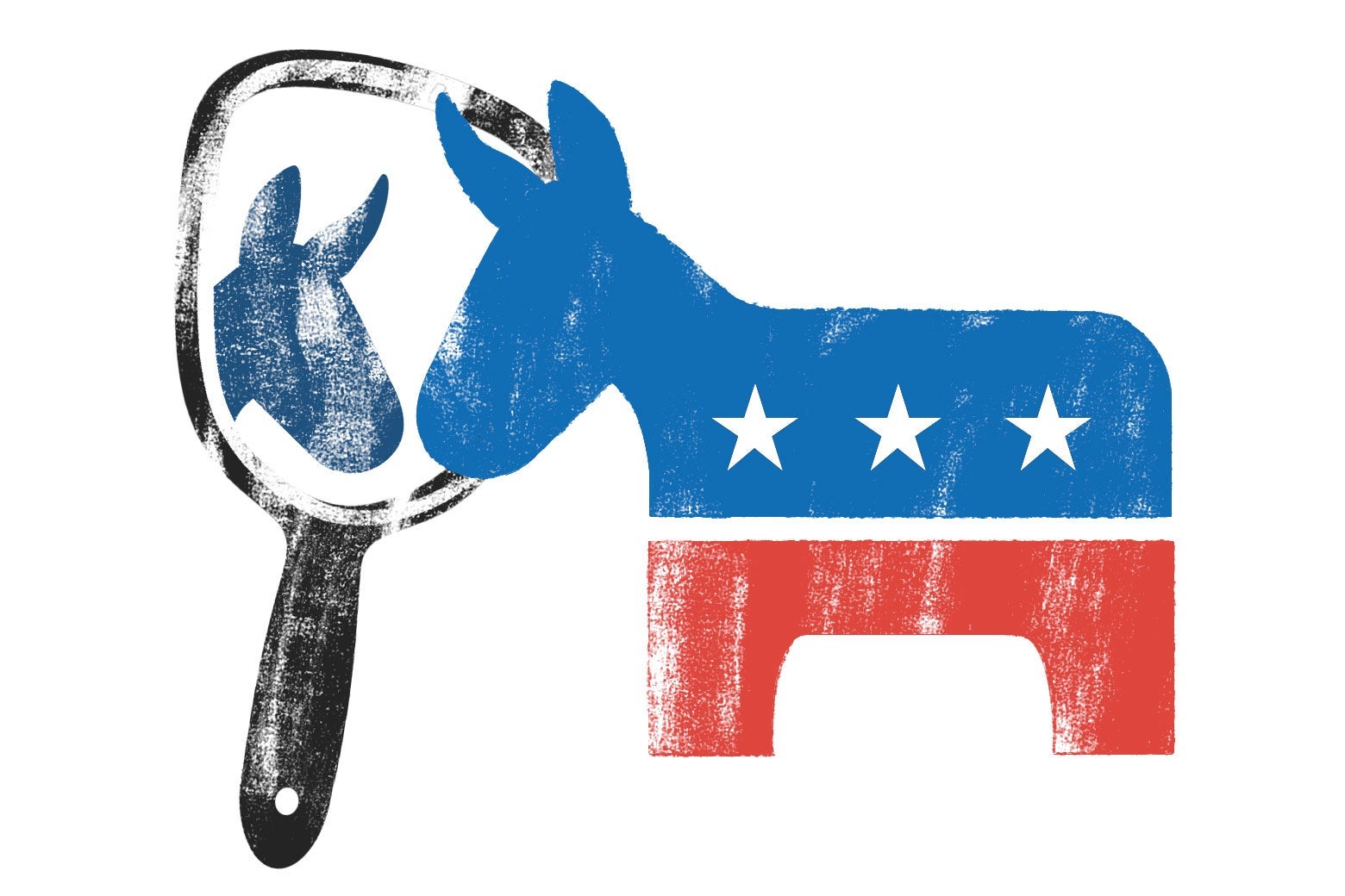A Democratic donkey logo looks into a hand-held mirror.
