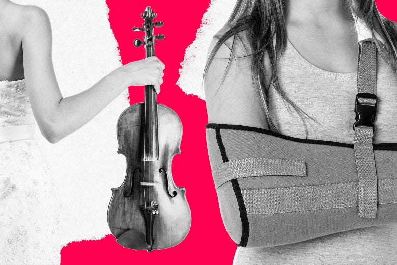 Bride holding out a violin near a woman with a broken arm.