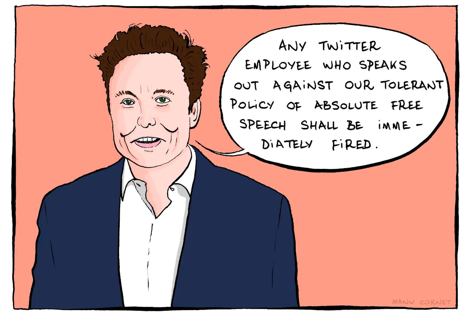Cartoon Elon Musk lays out a chilling choice for Twitter workers.