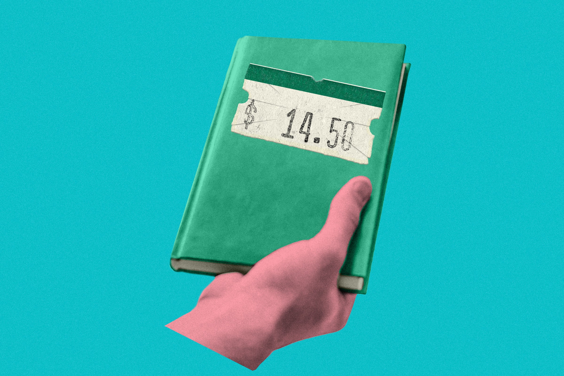 A hand holds a small green book, which has a price tag on it that says $14.50.