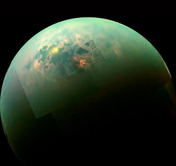 NASA's Cassini spacecraft shows the sun glinting off of Titan's ,NASA's Cassini spacecraft shows the sun glinting off of Titan's north polar seas. 