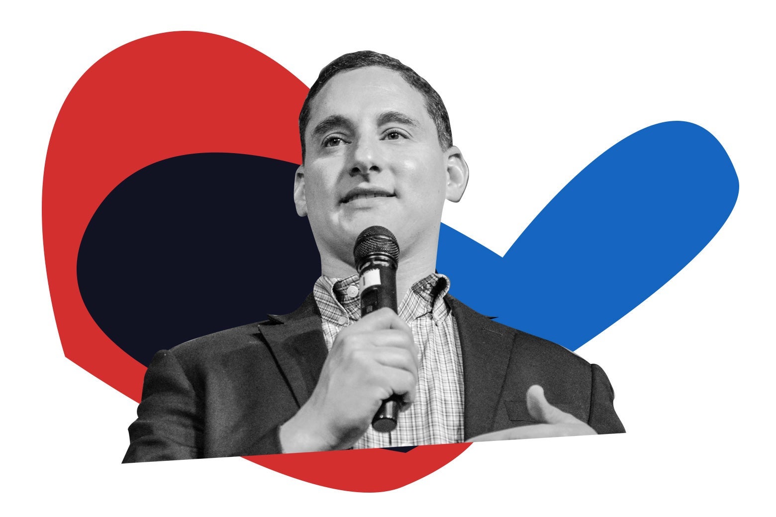 Josh Mandel holding a microphone against a red, white, blue, and purple background