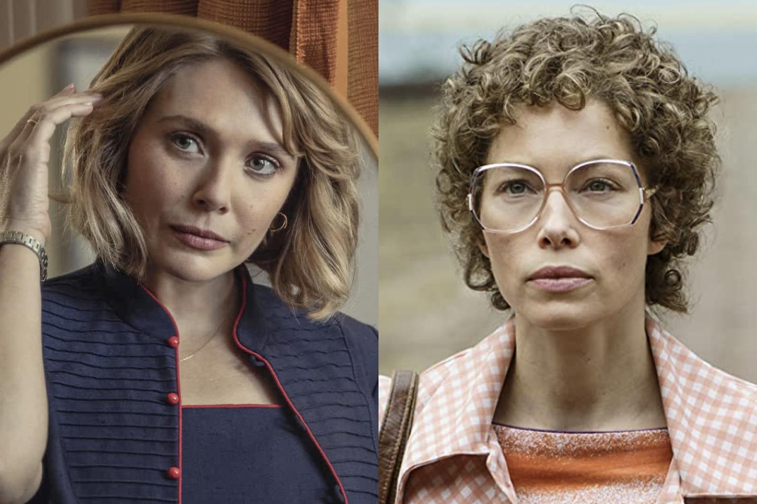 Side-by-side collage of Elizabeth Olsen (L) with a shoulder-length bob and Jessica Biel (R) with a perm and large glasses.