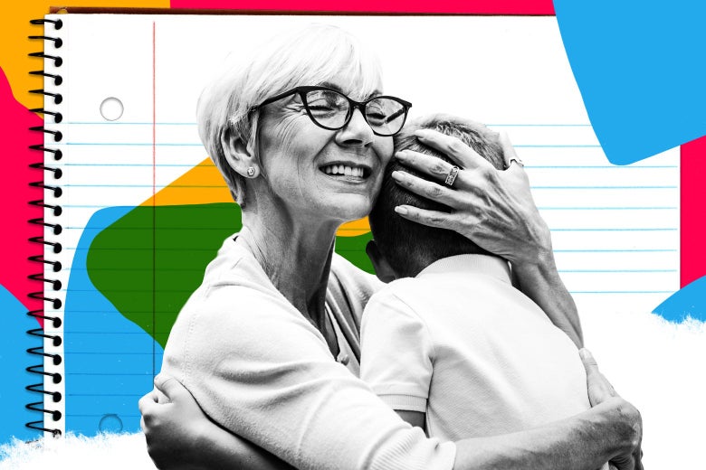 Photo illustration of a grinning grandmother clutching a child too closely to see the child's face.
